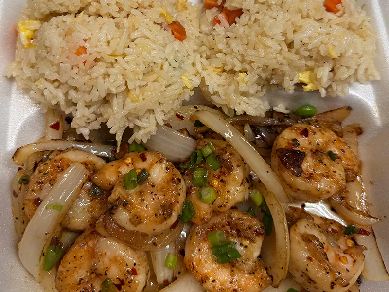 Pan-seared shrimp with salt, pepper & onions at Han Palace, an Asian Restaurant in Luling